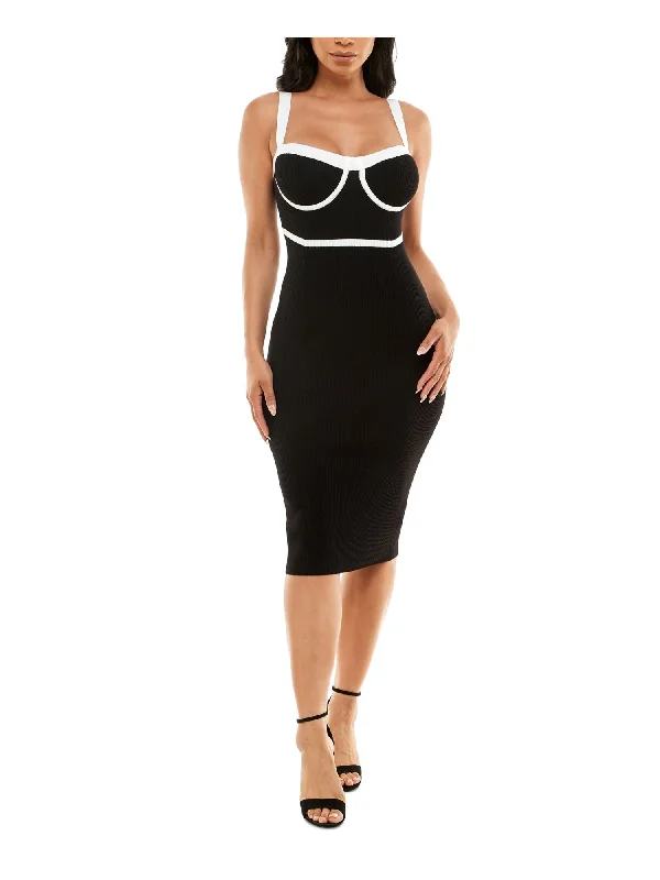 Limited Availability ALMOST FAMOUS Womens Black Ribbed Corset Sleeveless Sweetheart Neckline Midi Cocktail Sweater Dress Limited Availability ALMOST FAMOUS Womens Black Ribbed Corset Sleeveless Sweetheart Neckline Midi Cocktail Sweater Dress