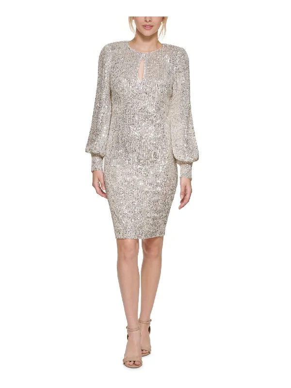 Flash Deals ELIZA J Womens Silver Stretch Sequined Zippered Lined Balloon Sleeve Keyhole Above The Knee Cocktail Sheath Dress Flash Deals ELIZA J Womens Silver Stretch Sequined Zippered Lined Balloon Sleeve Keyhole Above The Knee Cocktail Sheath Dress