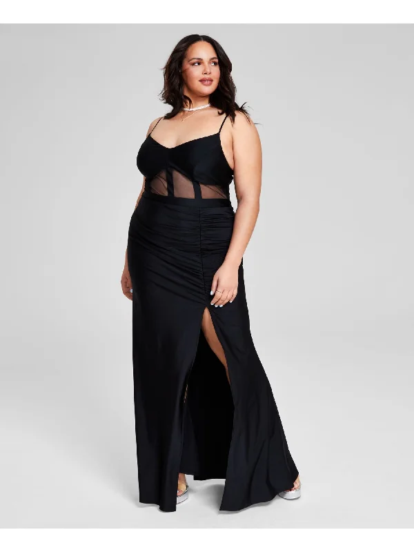 Instant Discount EMERALD SUNDAE Womens Black Zippered Lined Mesh Inset Corset High Slit Spaghetti Strap V Neck Full-Length Prom Gown Dress Instant Discount EMERALD SUNDAE Womens Black Zippered Lined Mesh Inset Corset High Slit Spaghetti Strap V Neck Full-Length Prom Gown Dress