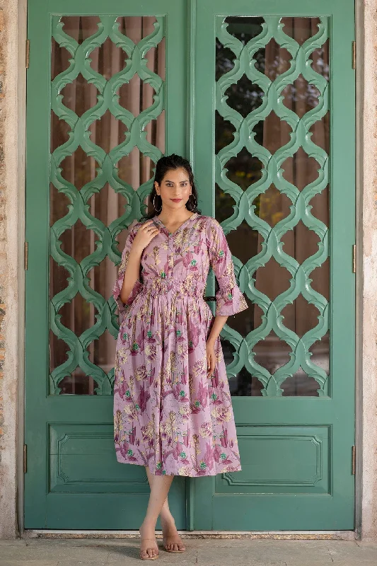 Flash Deals Women Mauve Ethnic Printed Flared Dress