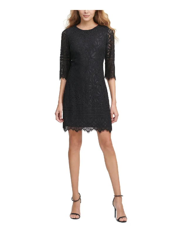 Savings Event KENSIE DRESSES Womens Black Lined Zippered Fringed Scalloped Sheer Floral 3/4 Sleeve Crew Neck Above The Knee Sheath Dress Savings Event KENSIE DRESSES Womens Black Lined Zippered Fringed Scalloped Sheer Floral 3/4 Sleeve Crew Neck Above The Knee Sheath Dress