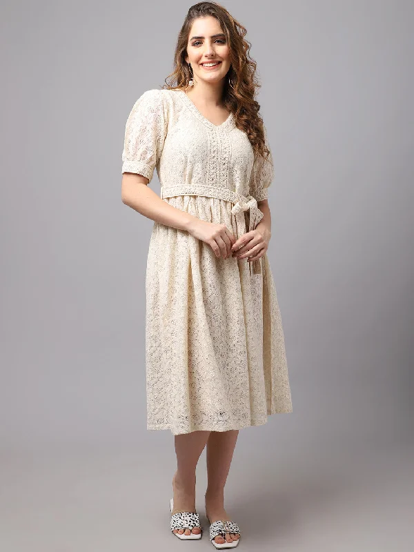 Early Access Women Schiffli Fabric Dress With Puff Sleeves.