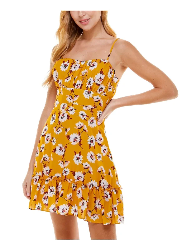 Friends and Family Sale CITY STUDIO Womens Yellow Pleated Zippered Ruffled Hem Floral Spaghetti Strap Scoop Neck Short Party Fit + Flare Dress Friends and Family Sale CITY STUDIO Womens Yellow Pleated Zippered Ruffled Hem Floral Spaghetti Strap Scoop Neck Short Party Fit + Flare Dress