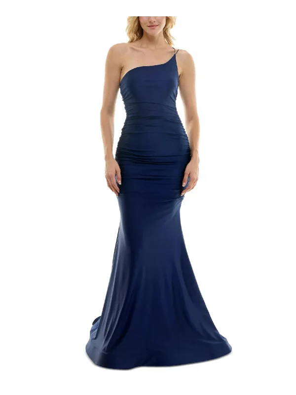 Bonus Savings B DARLIN Womens Navy Zippered Ruched Padded Lined Fitted Spaghetti Strap Asymmetrical Neckline Full-Length Prom Gown Dress