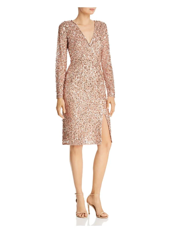 New Arrival ADRIANNA PAPELL Womens Pink Mesh Sequined Zippered Slit Lined Long Sleeve Surplice Neckline Knee Length Evening Faux Wrap Dress