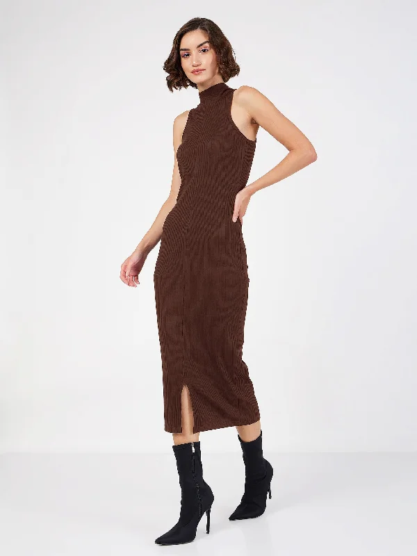 Anniversary Sale Women Dark Brown Rib Turtle Neck Sleeveless Midi Dress