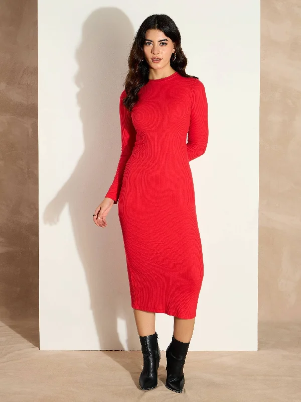 Super Deal Women Red Rib Bodycon Full Sleeves Midi Dress
