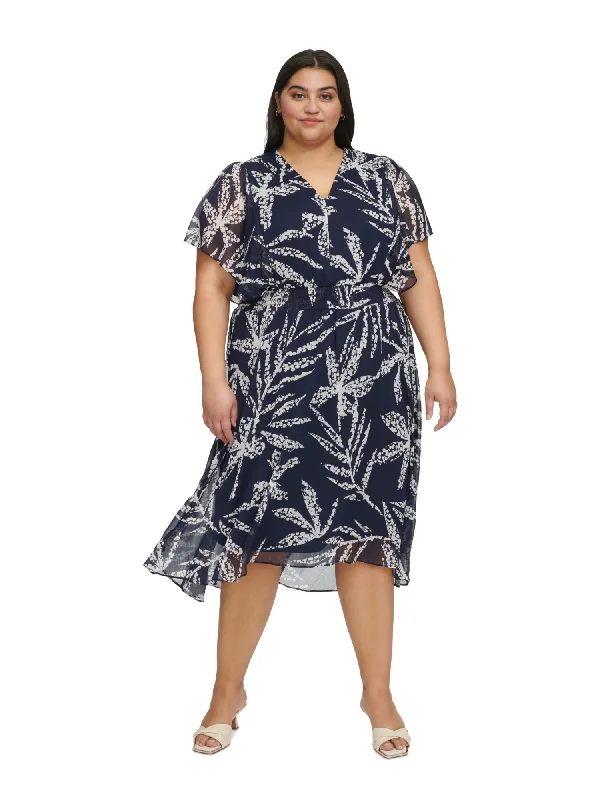 Act Now DKNY Womens Navy Lined Smocked Waist Flutter Sleeve V Neck Midi Wear To Work Hi-Lo Dress Act Now DKNY Womens Navy Lined Smocked Waist Flutter Sleeve V Neck Midi Wear To Work Hi-Lo Dress