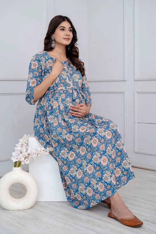 Great Bargains Blue Floral Maternity Dress For Women