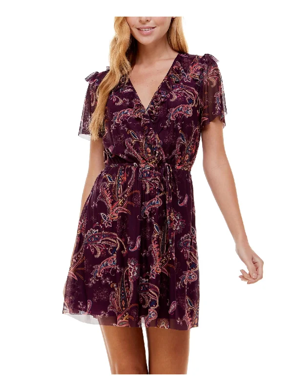 Amazing Deals CITY STUDIO Womens Stretch Ruffled Paisley Flutter Sleeve Surplice Neckline Mini Fit + Flare Dress Amazing Deals CITY STUDIO Womens Stretch Ruffled Paisley Flutter Sleeve Surplice Neckline Mini Fit + Flare Dress