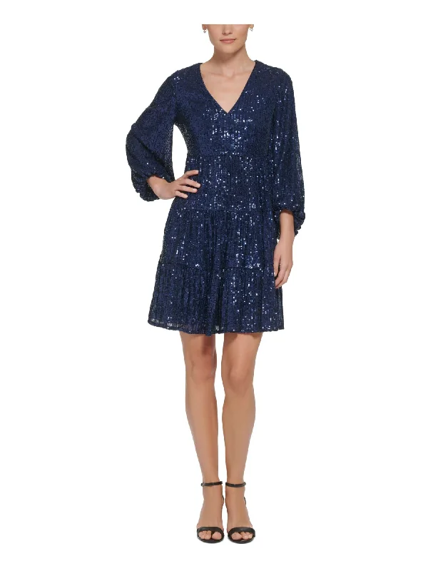 Exclusive Savings ELIZA J Womens Navy Sequined Zippered Tiered Skirt Lined Balloon Sleeve V Neck Short Party Fit + Flare Dress Exclusive Savings ELIZA J Womens Navy Sequined Zippered Tiered Skirt Lined Balloon Sleeve V Neck Short Party Fit + Flare Dress