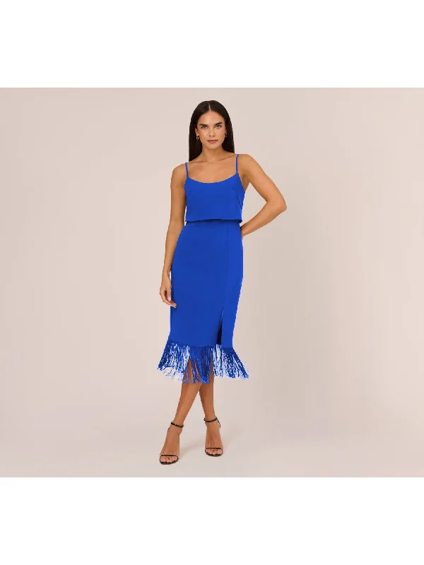 Special Discount AIDAN Womens Blue Zippered Slitted Fold-over Fringed-hem Lined Spaghetti Strap Scoop Neck Midi Party Sheath Dress