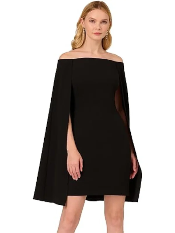 Limited Availability ADRIANNA PAPELL Womens Black Zippered Lined Attached Cape Sleeveless Off Shoulder Above The Knee Party Sheath Dress Limited Availability ADRIANNA PAPELL Womens Black Zippered Lined Attached Cape Sleeveless Off Shoulder Above The Knee Party Sheath Dress