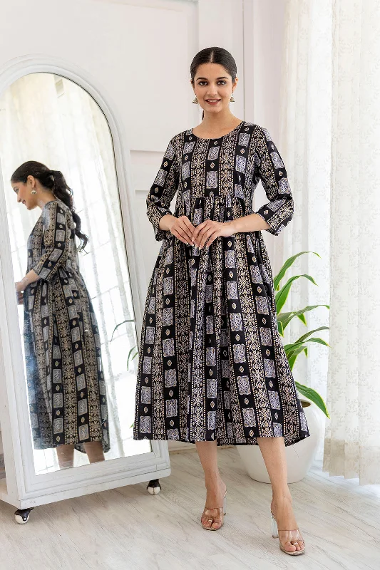 Final Markdown Women Black Ethnic Printed Flared Dress