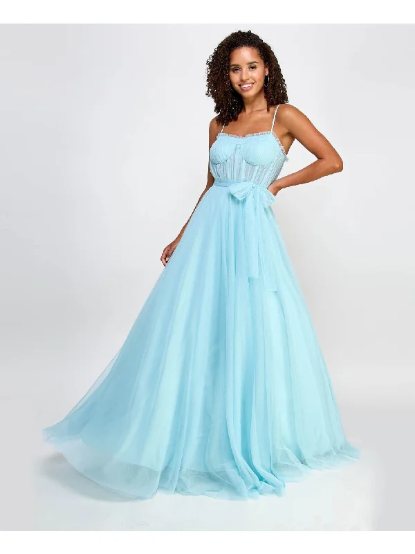 Final Sale CITY STUDIO Womens Light Blue Ruffled Lined Sheer Bustier-style Bodice Tie S Spaghetti Strap Sweetheart Neckline Full-Length Formal Fit + Flare Dress Final Sale CITY STUDIO Womens Light Blue Ruffled Lined Sheer Bustier-style Bodice Tie S Spaghetti Strap Sweetheart Neckline Full-Length Formal Fit + Flare Dress