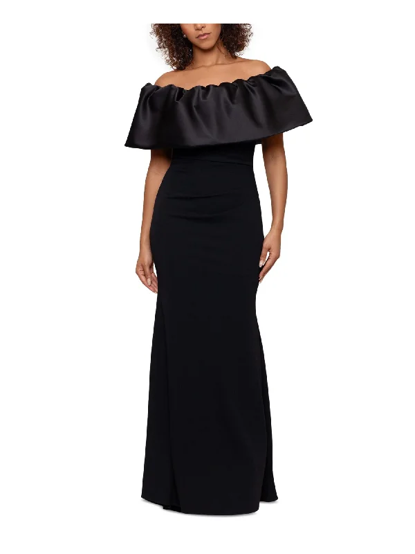 Super Savings BETSY & ADAM Womens Black Ruched Zippered Ruffled Lined Flutter Sleeve Off Shoulder Full-Length Formal Gown Dress Super Savings BETSY & ADAM Womens Black Ruched Zippered Ruffled Lined Flutter Sleeve Off Shoulder Full-Length Formal Gown Dress