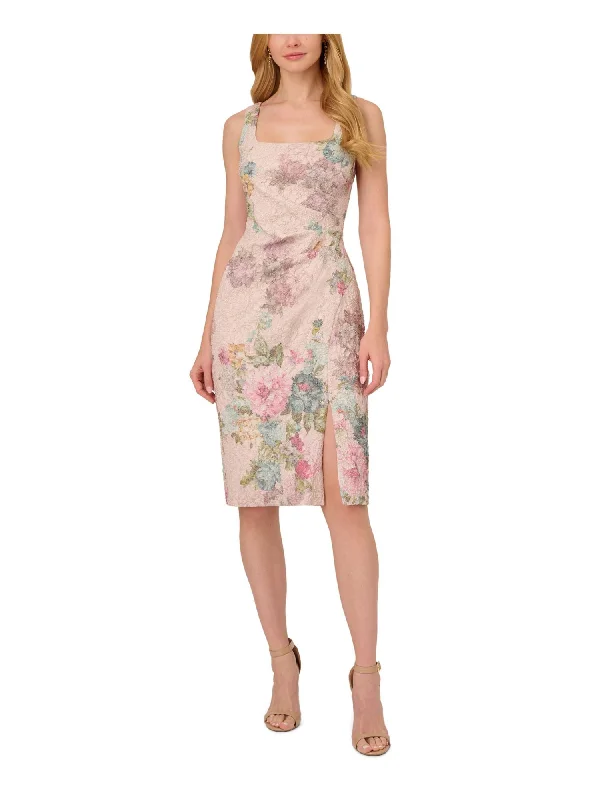 Exclusive Deal ADRIANNA PAPELL Womens Beige Textured Zippered Pleated Slitted Lined Floral Sleeveless Square Neck Knee Length Party Sheath Dress Exclusive Deal ADRIANNA PAPELL Womens Beige Textured Zippered Pleated Slitted Lined Floral Sleeveless Square Neck Knee Length Party Sheath Dress
