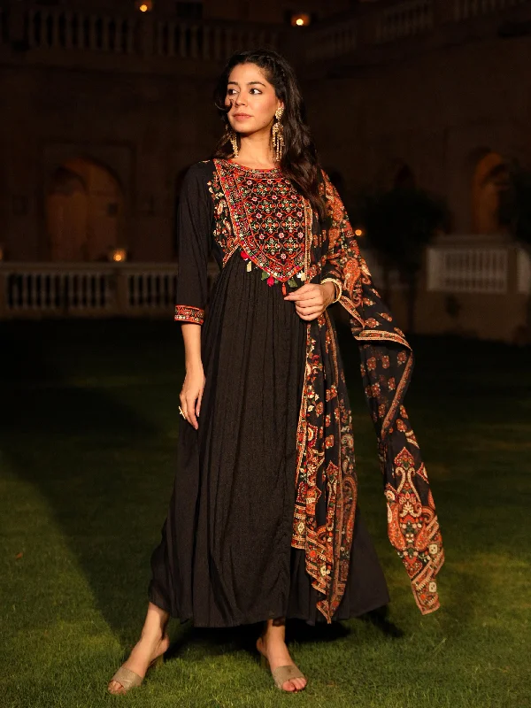 Today Only Black Thread Embroidered Cotton Dress & Dupatta With Tassels & Mirror Work Today Only Black Thread Embroidered Cotton Dress & Dupatta With Tassels & Mirror Work