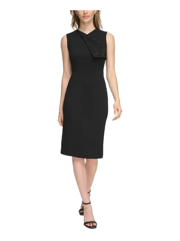 Shop and Save CALVIN KLEIN Womens Black Embellished Zippered Fold-over Neck Slit Back Hem Sleeveless Knee Length Wear To Work Sheath Dress Shop and Save CALVIN KLEIN Womens Black Embellished Zippered Fold-over Neck Slit Back Hem Sleeveless Knee Length Wear To Work Sheath Dress