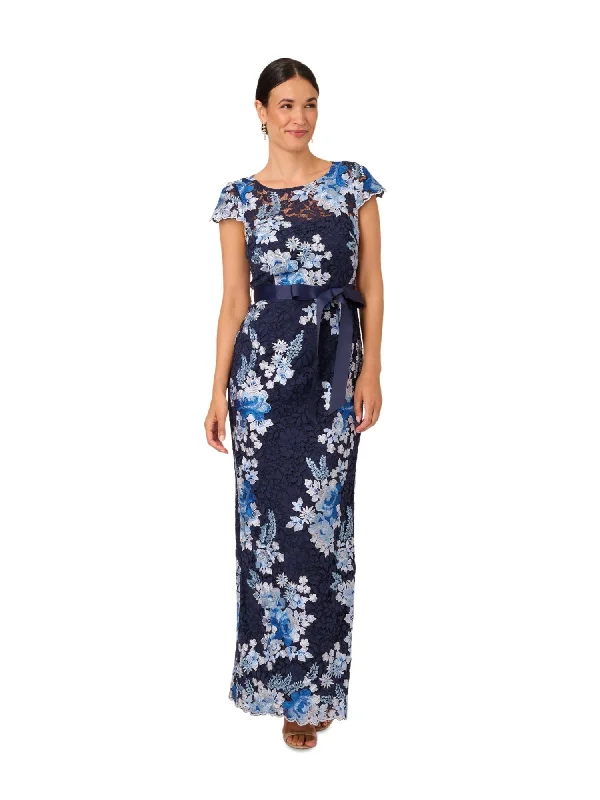 Time-Limited Offer ADRIANNA PAPELL Womens Navy Zippered Lined Self-tie Sash Cap Sleeve Boat Neck Full-Length Formal Gown Dress Time-Limited Offer ADRIANNA PAPELL Womens Navy Zippered Lined Self-tie Sash Cap Sleeve Boat Neck Full-Length Formal Gown Dress