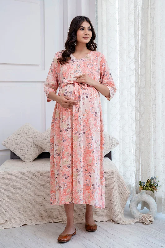 Factory Direct Sale Peach Printed Maternity Dress For Women