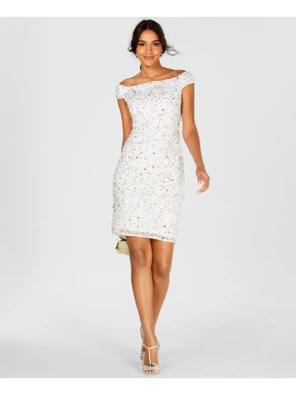 Special Price ADRIANNA PAPELL Womens Ivory Sequined Zippered Cap Sleeve Off Shoulder Above The Knee Party Sheath Dress Special Price ADRIANNA PAPELL Womens Ivory Sequined Zippered Cap Sleeve Off Shoulder Above The Knee Party Sheath Dress