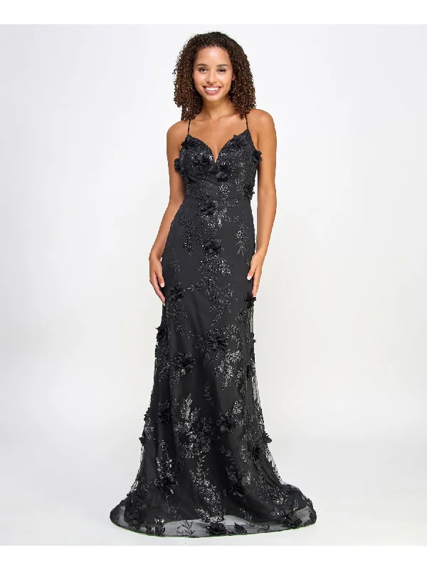 Shop and Save SAY YES TO THE PROM Womens Black Sequined Zippered Floral Accent Glitter Lace Up Op Spaghetti Strap V Neck Full-Length Formal Gown Dress