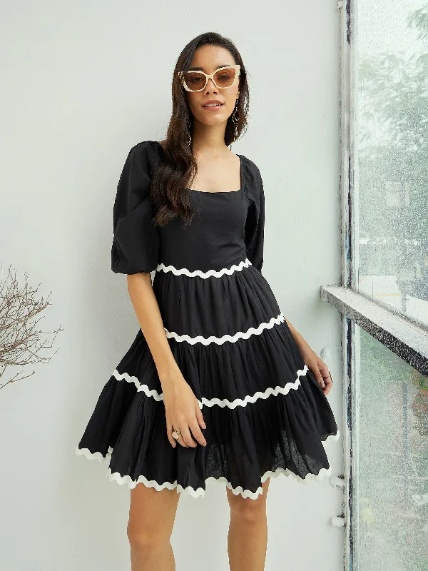 Fantastic Deals Women Black Ric Rac Lace Flared Above Knee Dress