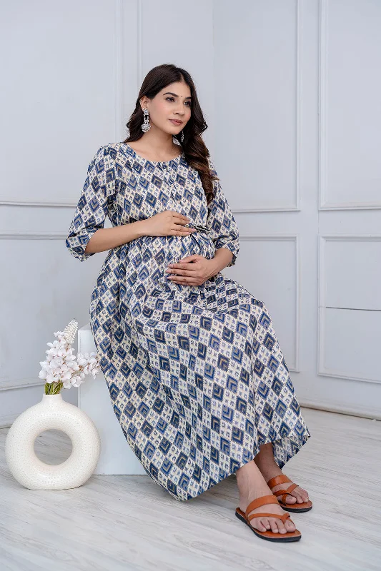 Special Promotion Fab Blue Printed Maternity Dress For Women