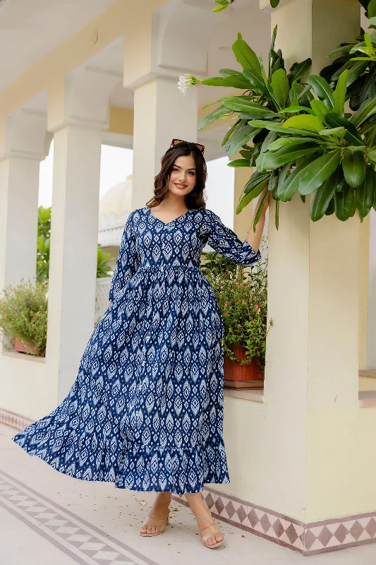 Act Now Women Navy Blue Printed Flared Dress