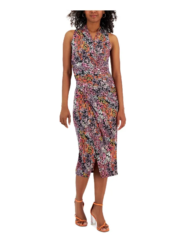 Exclusive Deal RACHEL RACHEL ROY Womens Black Stretch Gathered Draped Front Overlap Skirt Printed Sleeveless Surplice Neckline Midi Party Faux Wrap Dress Exclusive Deal RACHEL RACHEL ROY Womens Black Stretch Gathered Draped Front Overlap Skirt Printed Sleeveless Surplice Neckline Midi Party Faux Wrap Dress