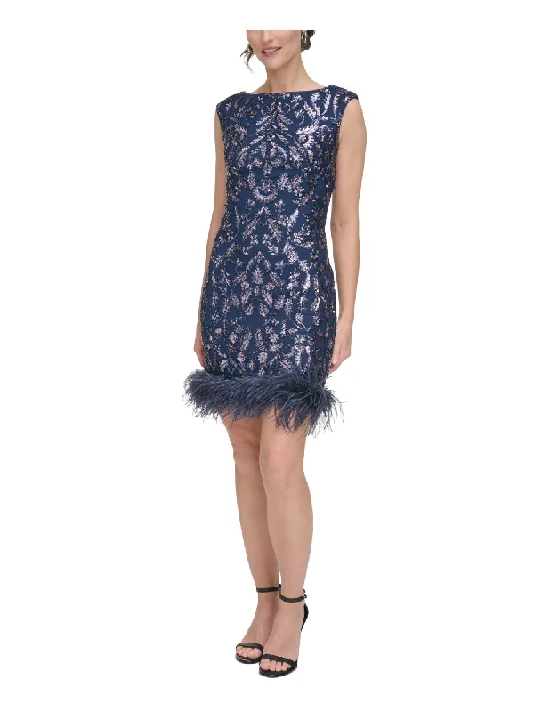 Price Reduction ELIZA J Womens Navy Sequined Zippered Feathered Trim Lined V-back Sleeveless Boat Neck Short Cocktail Body Con Dress Price Reduction ELIZA J Womens Navy Sequined Zippered Feathered Trim Lined V-back Sleeveless Boat Neck Short Cocktail Body Con Dress
