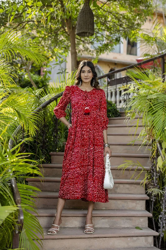Extra Discounts Women Red Bandhani Printed Flared Dress