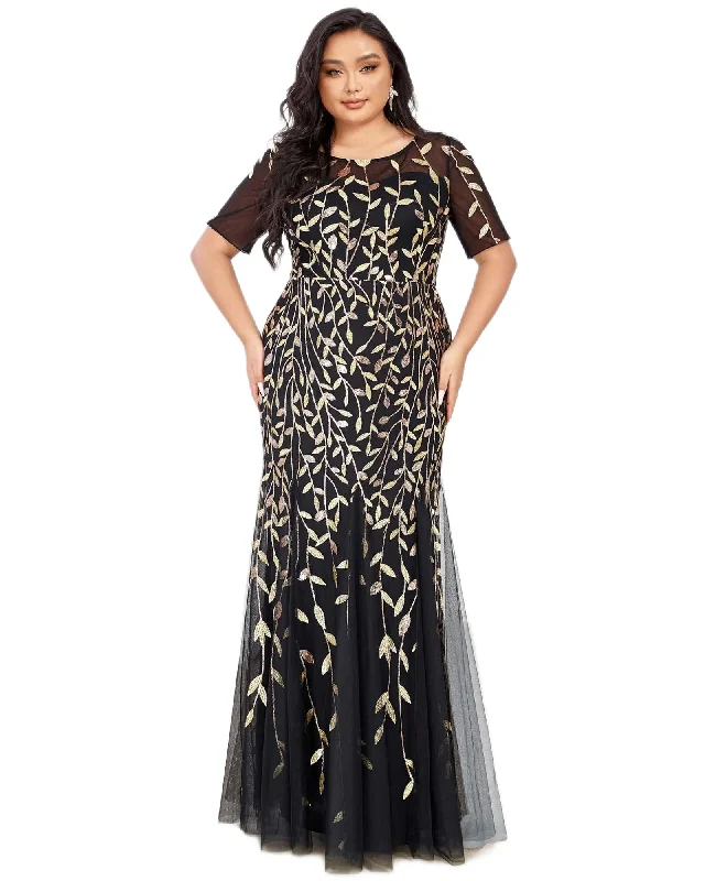 Deal Dash Floral Sequin Mermaid Tulle Evening Dress | Black & Gold