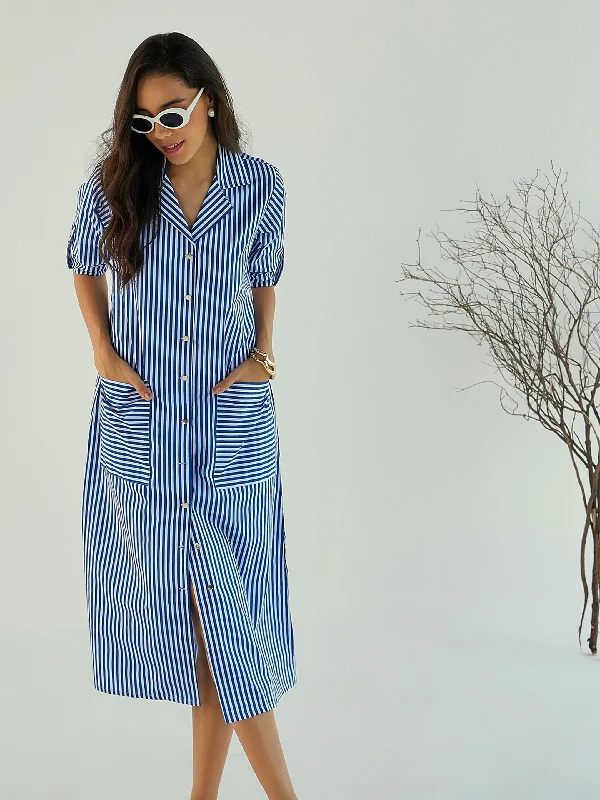Price Break Women Blue & White Stripe Notch Collar Midi Dress