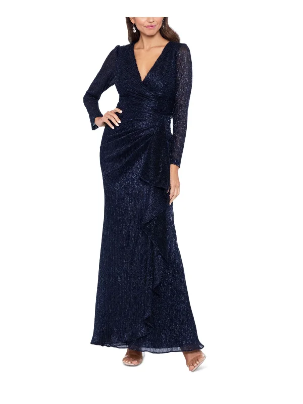 Massive Deals BETSY & ADAM Womens Navy Zippered Pleated Cascade Ruffle Front Lined Long Sleeve Surplice Neckline Full-Length Evening Faux Wrap Dress Massive Deals BETSY & ADAM Womens Navy Zippered Pleated Cascade Ruffle Front Lined Long Sleeve Surplice Neckline Full-Length Evening Faux Wrap Dress