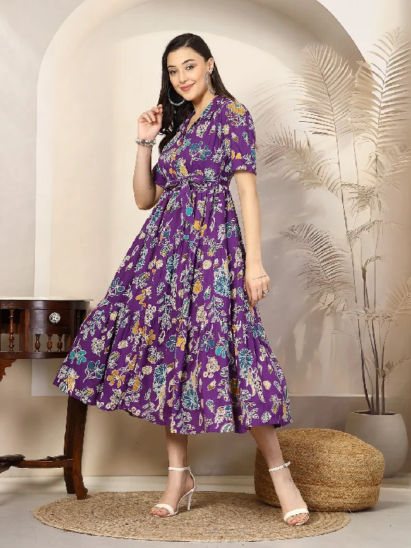 Exclusive Savings Violet Tropical Printed Rayon Tiered Dress