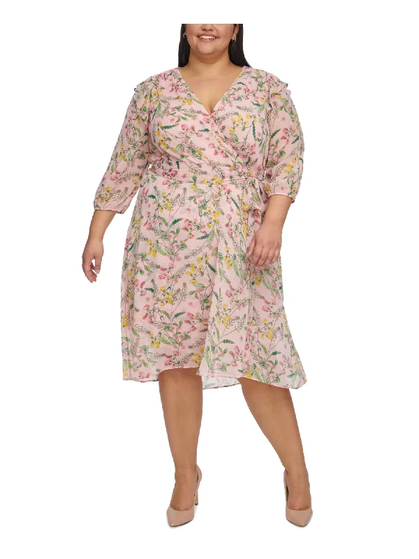 Amazing Deals TOMMY HILFIGER Womens Pink Lined Belted Zippered Floral Balloon Sleeve Surplice Neckline Knee Length Faux Wrap Dress Amazing Deals TOMMY HILFIGER Womens Pink Lined Belted Zippered Floral Balloon Sleeve Surplice Neckline Knee Length Faux Wrap Dress