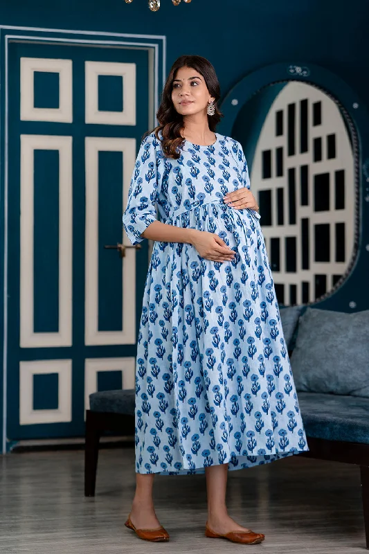 Fantastic Offers Blue Printed Maternity Dress For Women