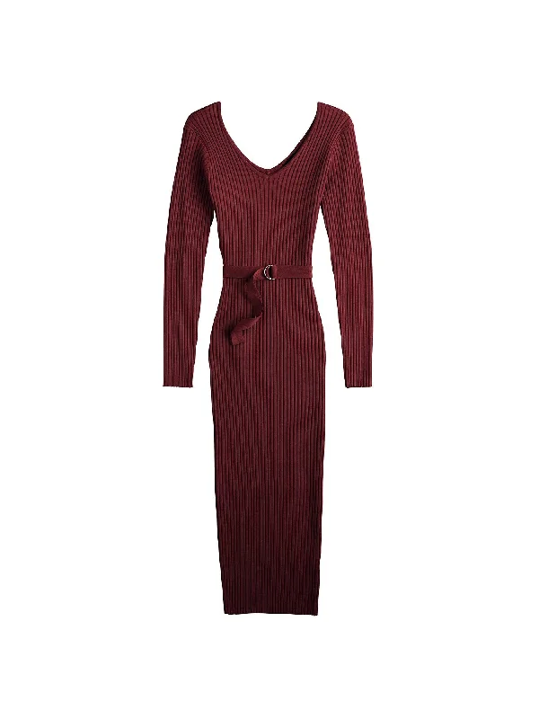 Overstock ALMOST FAMOUS Womens Burgundy Ribbed Belted V-back Long Sleeve V Neck Midi Wear To Work Body Con Dress Overstock ALMOST FAMOUS Womens Burgundy Ribbed Belted V-back Long Sleeve V Neck Midi Wear To Work Body Con Dress