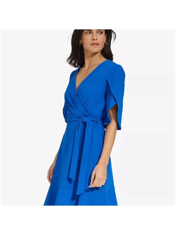 Limited Edition DKNY Womens Blue Pleated Zippered Self-tie Belt Flounce Hem Tulip Sleeve Surplice Neckline Above The Knee Wear To Work Fit + Flare Dress Limited Edition DKNY Womens Blue Pleated Zippered Self-tie Belt Flounce Hem Tulip Sleeve Surplice Neckline Above The Knee Wear To Work Fit + Flare Dress