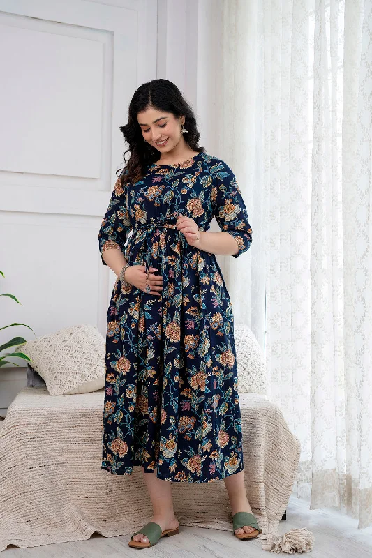 Price Smash Navy Blue Printed Maternity Dress For Women