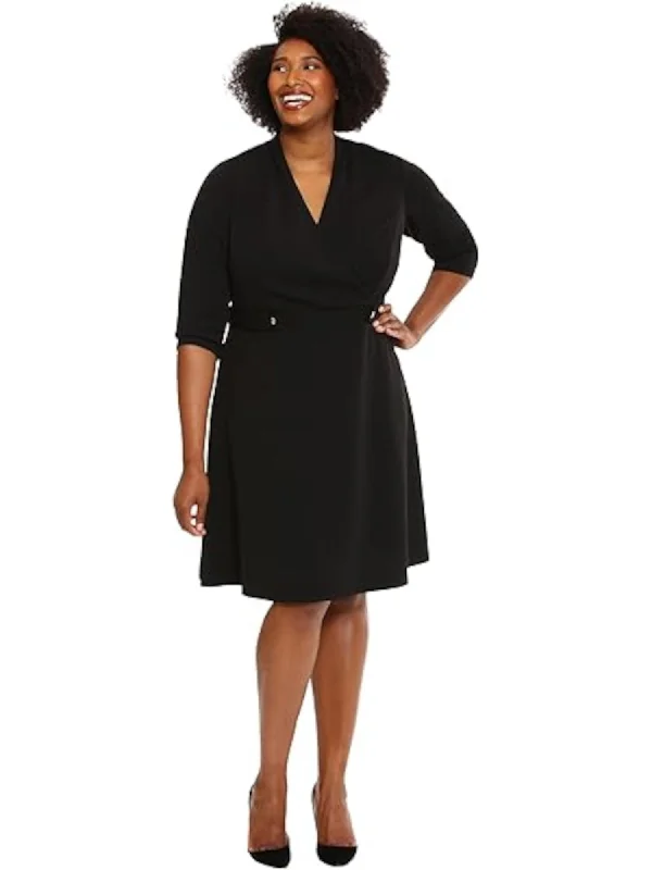 Weekend Deal LONDON TIMES WOMAN Womens Black Stretch Zippered Unlined Button Accents Elbow Sleeve Surplice Neckline Knee Length Wear To Work Fit + Flare Dress Weekend Deal LONDON TIMES WOMAN Womens Black Stretch Zippered Unlined Button Accents Elbow Sleeve Surplice Neckline Knee Length Wear To Work Fit + Flare Dress