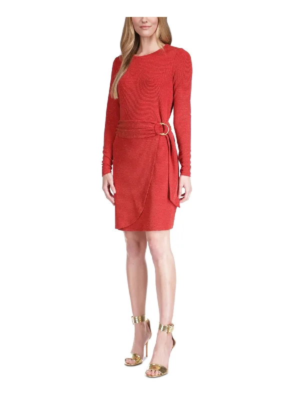 Discount Mania MICHAEL MICHAEL KORS Womens Red Metallic Tie D-ring Long Sleeve Crew Neck Above The Knee Faux Wrap Dress Discount Mania MICHAEL MICHAEL KORS Womens Red Metallic Tie D-ring Long Sleeve Crew Neck Above The Knee Faux Wrap Dress