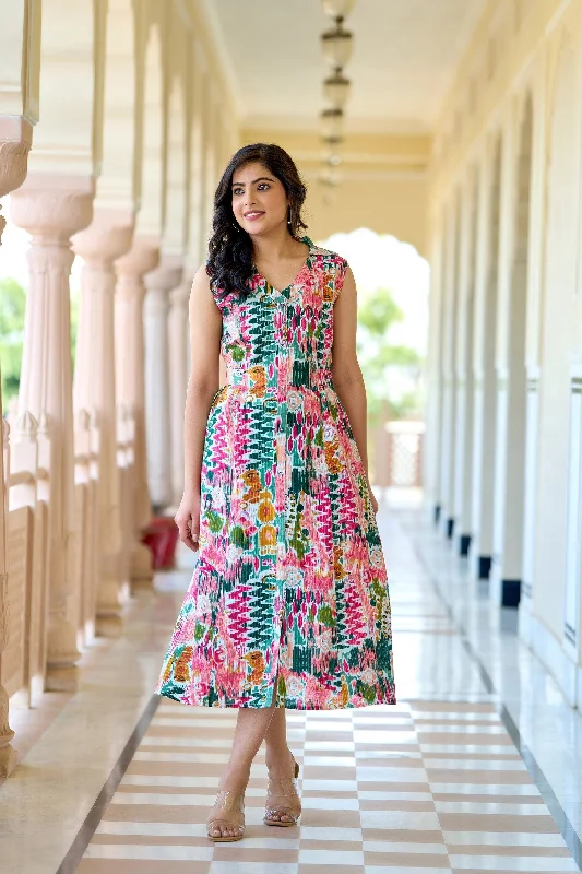 Deal Alert Women Multi colure Printed Sleeveless A-Line Dress