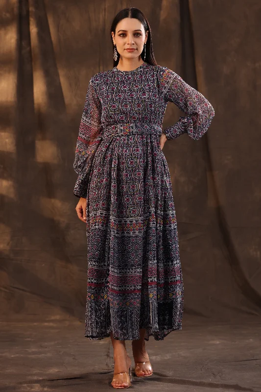 Online Specials Women Navy Chiffon Printed Dress & Belt
