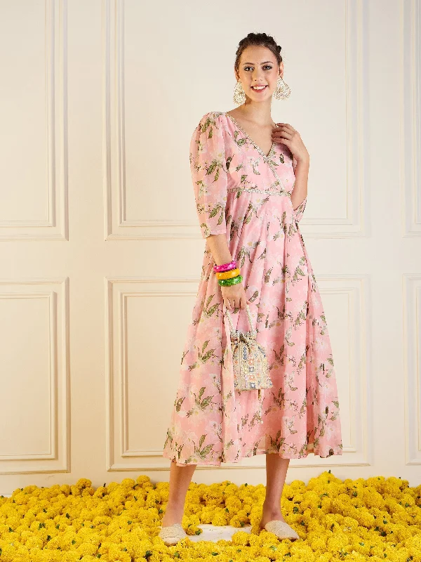 Stock Clearance Women Peach Floral Anarkali Maxi Dress