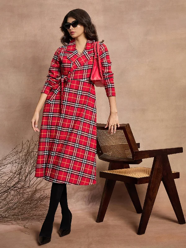 Today’s Deal Women Red Check Wrap Tie-Up Midi Dress