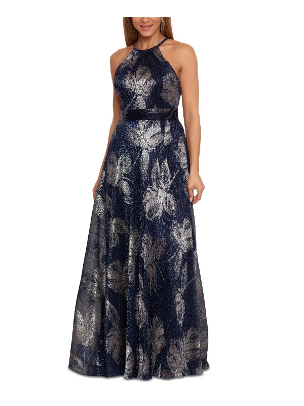 Blowout Sale BETSY & ADAM Womens Blue Zippered Metallic Slitted Lined Cinched Waist Floral Sleeveless Halter Full-Length Party Gown Dress Blowout Sale BETSY & ADAM Womens Blue Zippered Metallic Slitted Lined Cinched Waist Floral Sleeveless Halter Full-Length Party Gown Dress