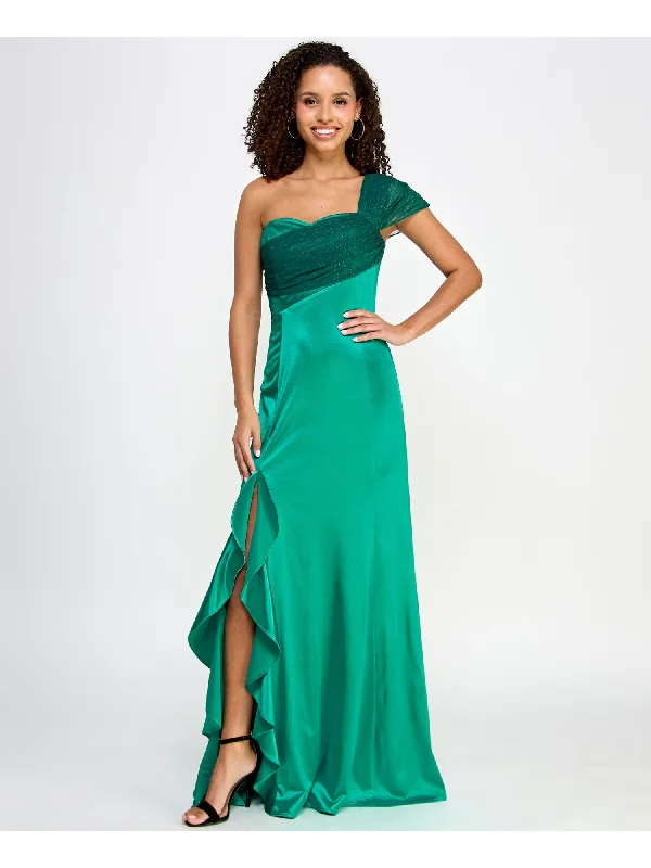 Price Rollback VIOLET WEEKEND Womens Green Zippered Unlined Ruffled Slit Mesh Sash Glitter Sleeveless Asymmetrical Neckline Full-Length Formal Gown Dress
